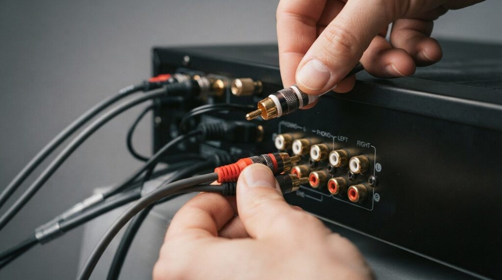 Close-up detailed view of turntable RCA connectors and cable