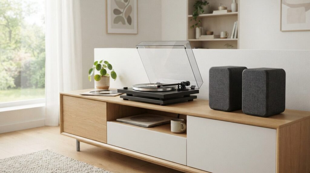 Modern minimalist home audio setup featuring a turntable wit